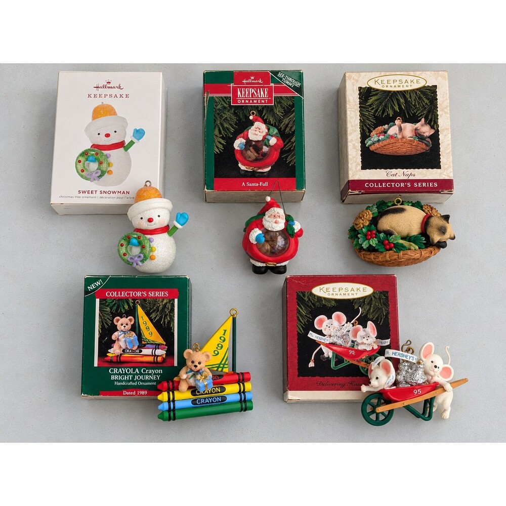 Hallmark Keepsake Ornament Lot 5 Vintage 1989-1995 Crayola Hershey Snowman Cat